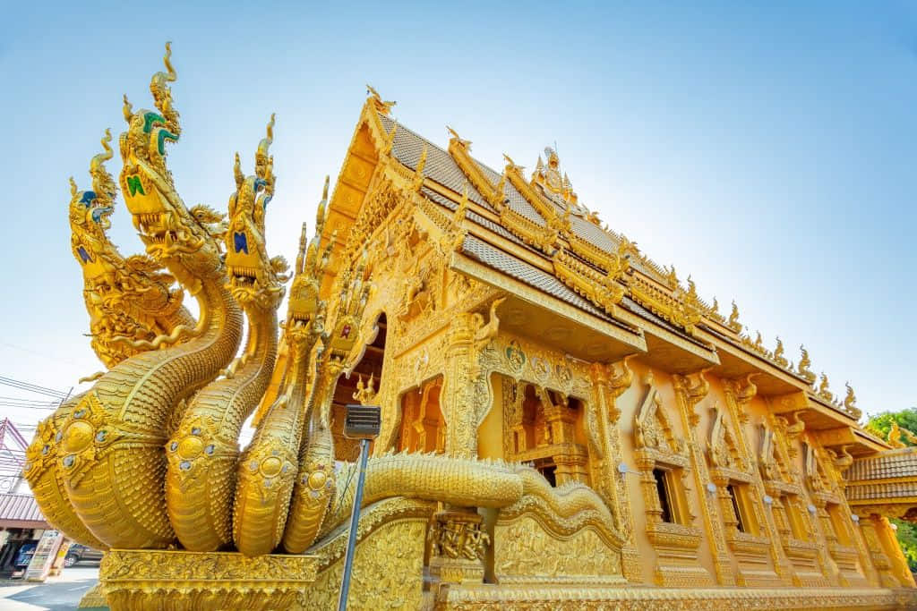 พญานาคเจ็ดเศียรหน้าวิหารทองวัดศรีพันต้น กลางเมืองน่าน