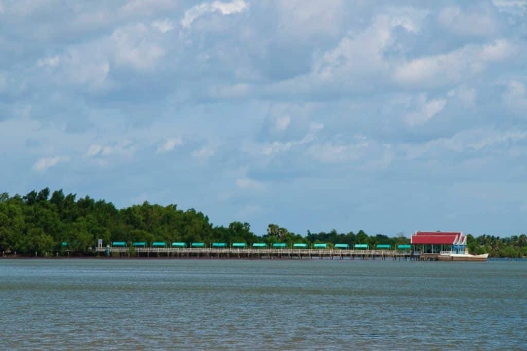 ทิวสนและหาดทรายริมทะเลสาบสงขลาที่หาดแสนสุขลำปำ พัทลุง