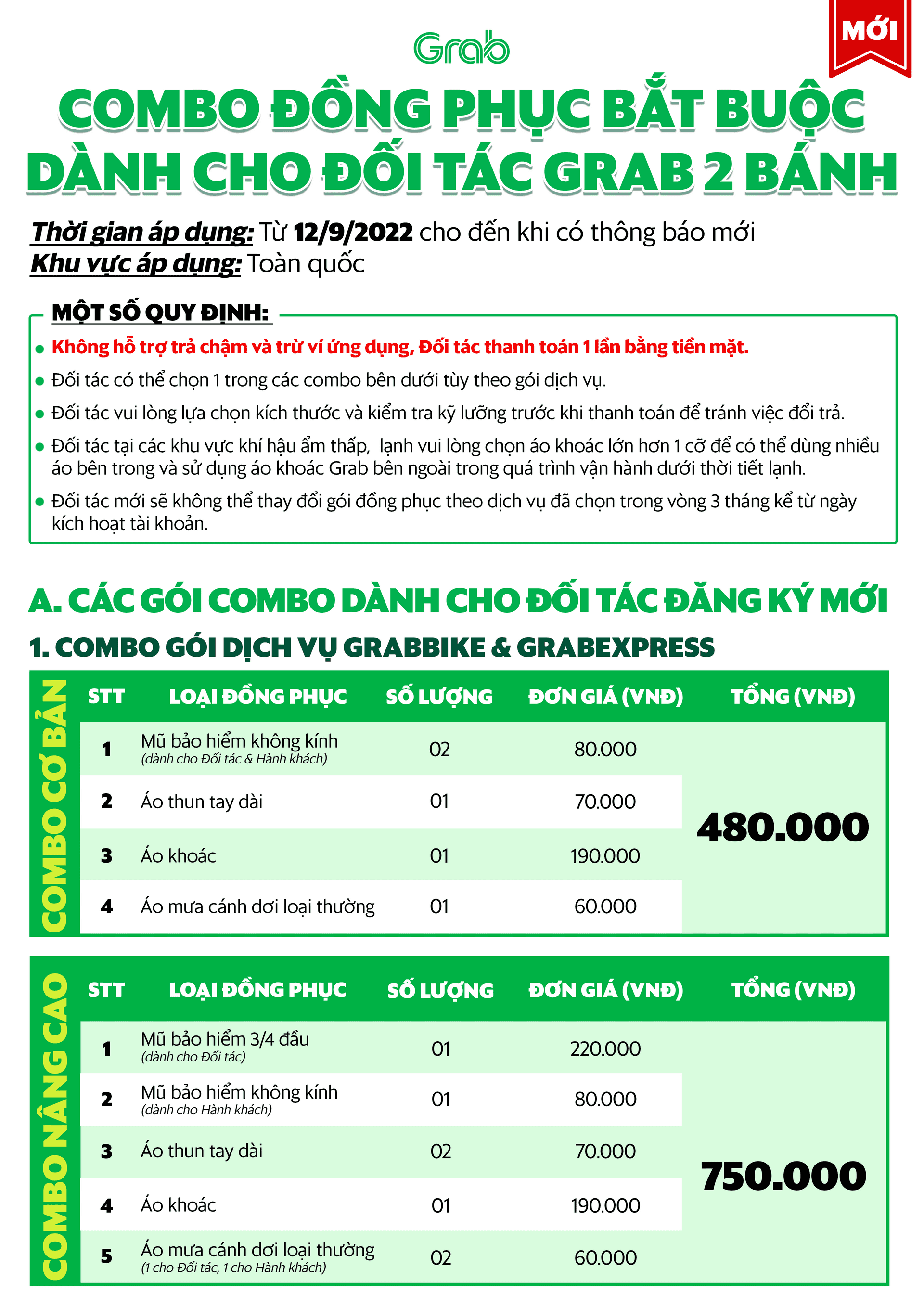 Combo đồng phục Grabbike mới nhất