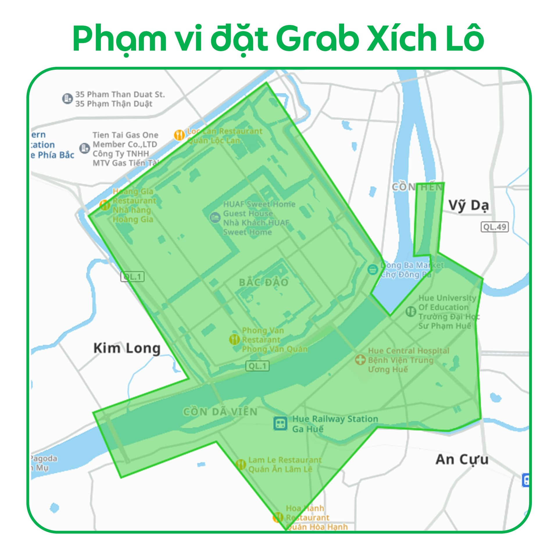 Phạm vi hoạt động Grab Xích Lô tại Huế