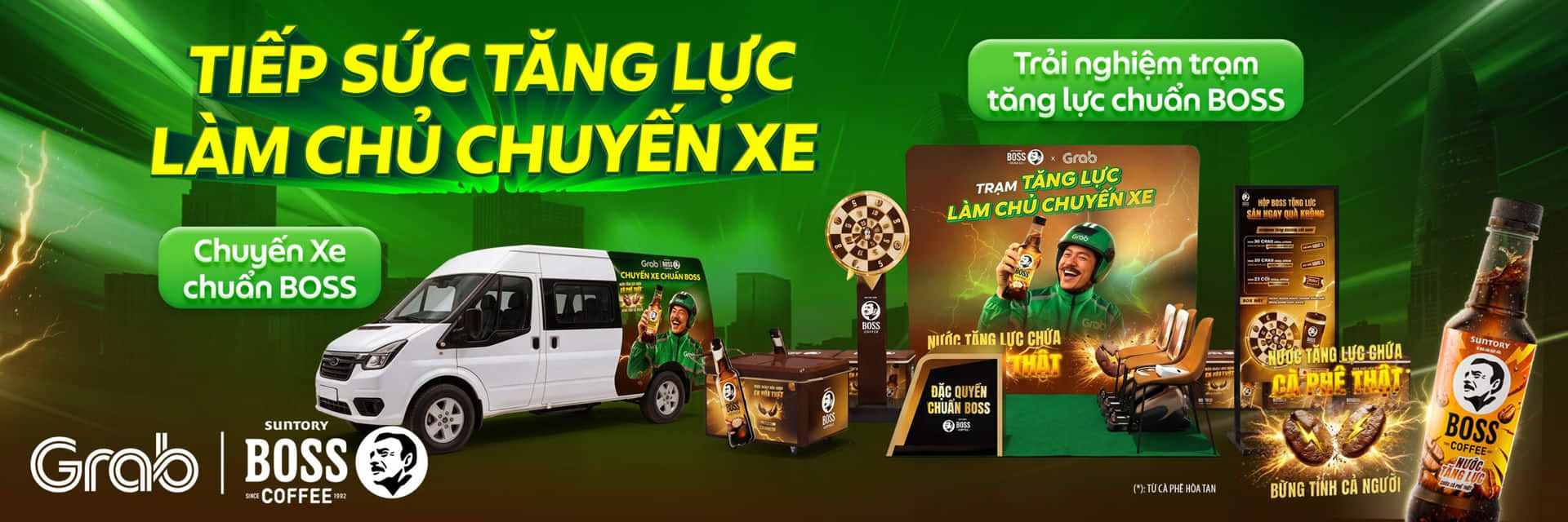 Grab x BOSS Coffee - Chuyến Xe Chuẩn BOSS, Trạm Tăng Lực