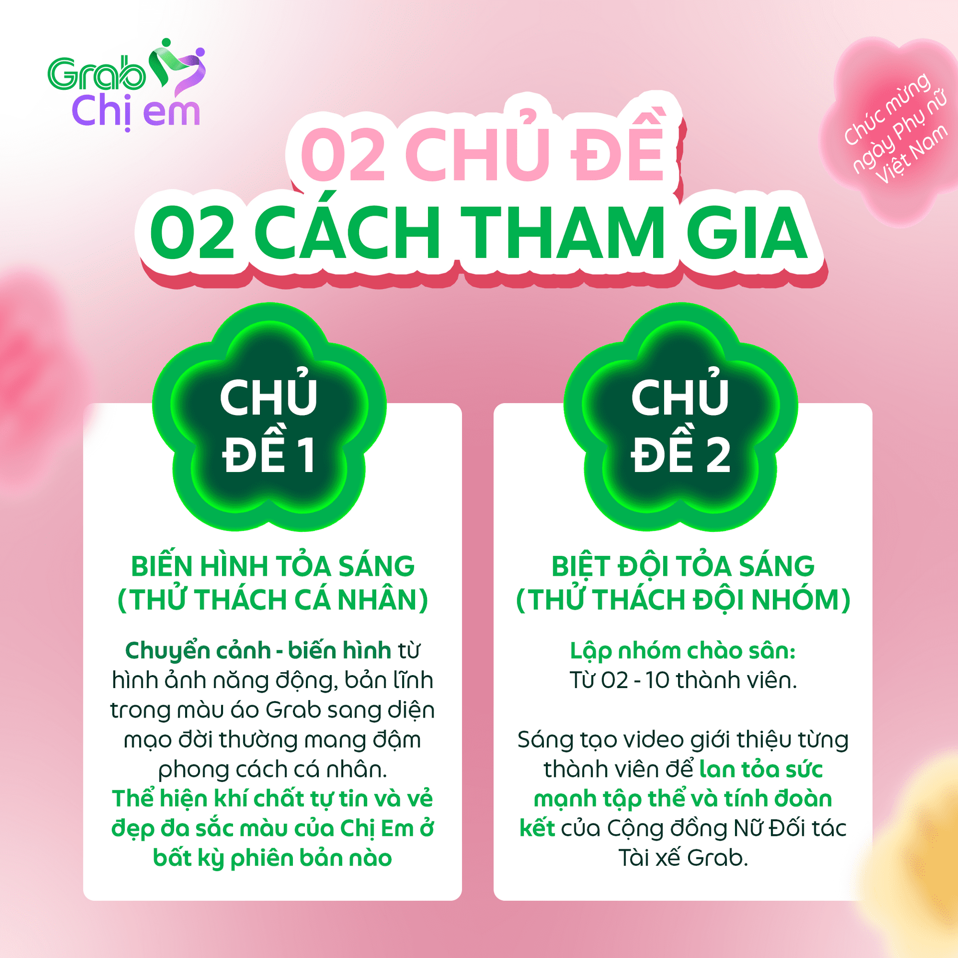 02 chủ đề của Thử Thách Chị Em Grab Có Thể