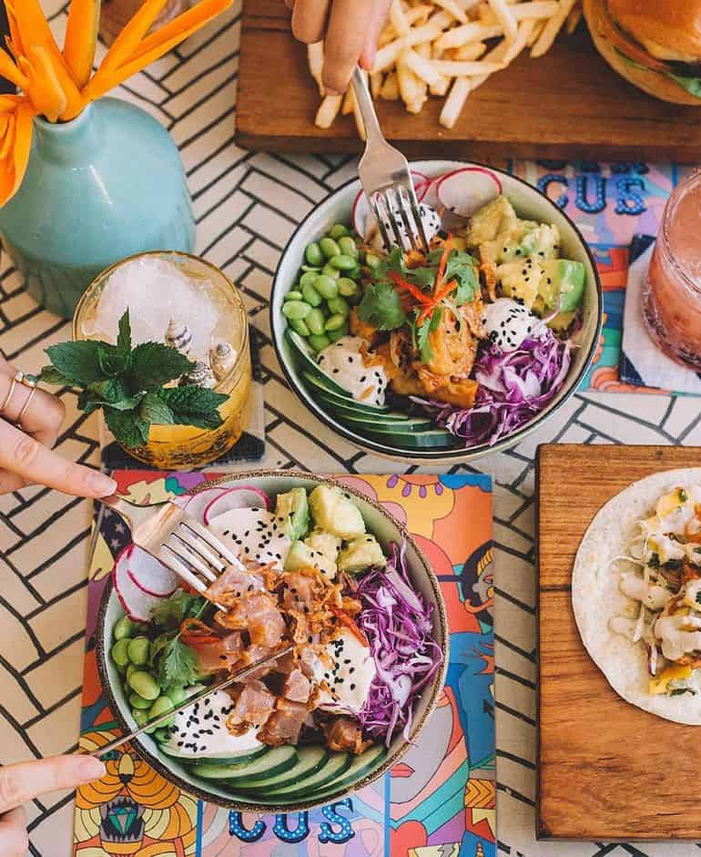 Best restaurants in Seminyak Bali: Colourful food bowls at Sea Circus